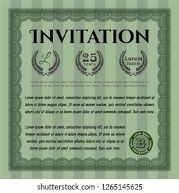 Green Vintage invitation template. Modern design. With great quality guilloche pattern. Detailed. 