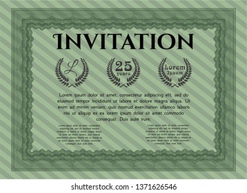 Green Vintage invitation template. Modern design. Detailed. With complex linear background. 