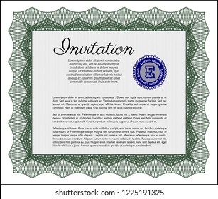 Green Vintage invitation template. Money Pattern design. With great quality guilloche pattern. Vector illustration. 