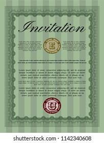 Green Vintage invitation template. Nice design. With linear background. Detailed. 