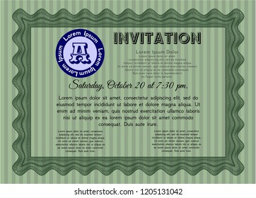 Green Vintage invitation template. Nice design. Detailed. With linear background. 