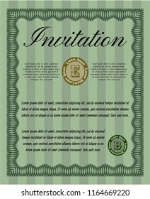 Green Vintage invitation template. Sophisticated design. With complex linear background. Detailed. 