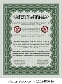 Green Vintage invitation template. Vector illustration. With great quality guilloche pattern. Sophisticated design. 