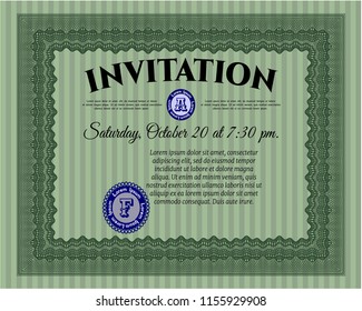 Green Vintage invitation template. Vector illustration. With guilloche pattern and background. Cordial design. 