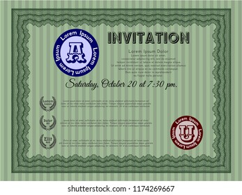 Green Vintage invitation template. Vector illustration. With great quality guilloche pattern. Nice design. 