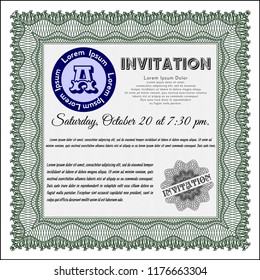 Green Vintage invitation template. Vector illustration. With guilloche pattern and background. Retro design. 