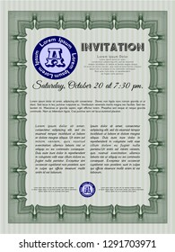 Green Vintage invitation template. Vector illustration. With guilloche pattern. Lovely design. 