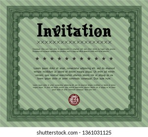 Green Vintage invitation template. Vector illustration. Printer friendly. Money Pattern. 