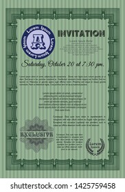Green Vintage invitation template. Vector illustration. With linear background. Good design. 
