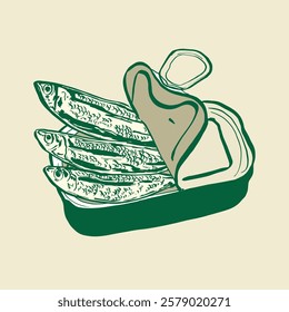 Green Vintage Oiled Sardines. Drawing illustration of an open sardine tin with detailed fish, perfect for seafood packaging, culinary themes, or retro designs.