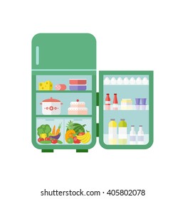 Green vintage outdoor refrigerator with food isolated on white background. Flat illustration. Vector 10 EPS.
