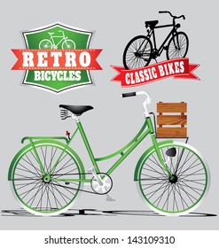 green vintage retro road city bike with stickers and wooden box