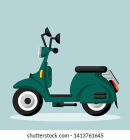 Green vintage scooter, vector illustration, urban life, ride a motorbike in the city. Scooter popular means of transport in a modern city. Advertisements, brochures, business templates.