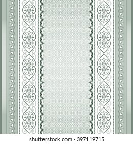 Green vintage seamless border on a lace light green background. Colored element for design in Eastern style and place for your text. Vintage pattern for invitations, greeting cards, wallpaper. 