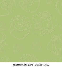 Grünes Vintage nahtloses Muster mit Rosen und Pfingstrosen in einer Linie. Umrissener Blumendruck, der als Textil, Stoff, Wickelpapier, Tapete verwendet werden kann. Hintergrund mit handgezeichneten Blumen.