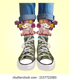 Green vintage sneakers with flowers, hand drawn vector illustration isolated.