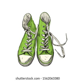 Green vintage sneakers, islated hand drawn vector illustration