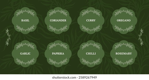 green vintage stickers with leaf decor for signing the names of spices in the kitchen. sticker pack for the pantry