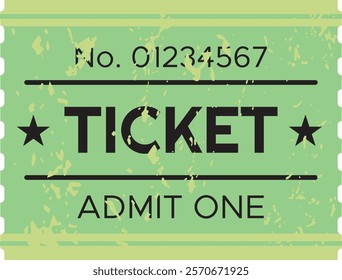 Green vintage ticket admit one with number and stars representing access, entertainment, and nostalgic design, suitable for various projects related to events, travel, or retro themes