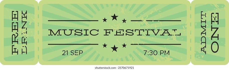 Green vintage ticket featuring a music festival on September 21st at 7,30 PM, adorned with stars and a captivating radial pattern, inviting attendees to an evening of entertainment