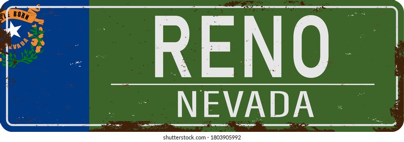 green Vintage tin sign Reno. Retro souvenirs or old postcard template on rust background.