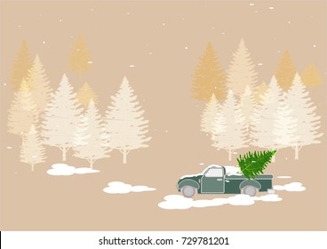 Green vintage truck pick up Christmas tree.In the wood and snow drops.Vintage light brown background for Christmas.