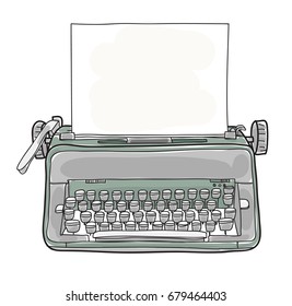 green vintage typewriter, working condition, hand drawn vector  art illustration