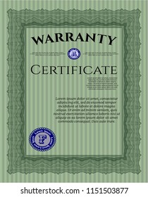 Green Vintage Warranty Certificate template. Vector illustration. With guilloche pattern and background. Money style design. 