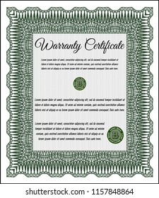 Green Vintage Warranty Certificate template. With guilloche pattern. Elegant design. Vector illustration. 