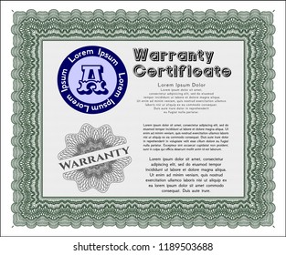 Green Vintage Warranty Certificate template. Good design. With linear background. Vector illustration. 