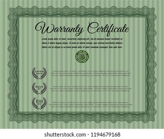 Green Vintage Warranty Certificate template. Printer friendly. Retro design. Vector illustration. 