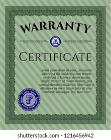 Green Vintage Warranty Certificate template. Detailed. With background. Beauty design. 