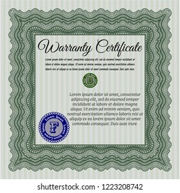 Green Vintage Warranty Certificate template. Perfect design. Easy to print. Vector illustration. 