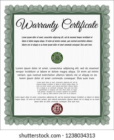 Green Vintage Warranty Certificate template. Beauty design. Complex background. Vector illustration. 