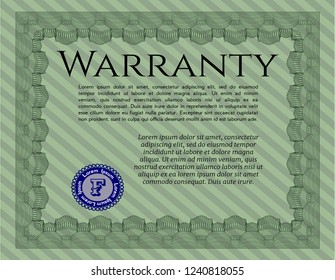 Green Vintage Warranty Certificate template. Retro design. Vector illustration. With background. 