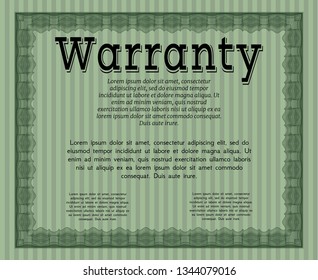 Green Vintage Warranty Certificate template. Sophisticated design. Detailed. With guilloche pattern and background. 