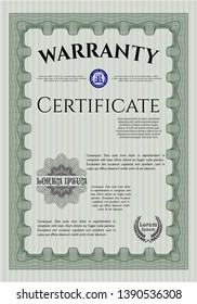 Green Vintage Warranty Certificate template. With complex linear background. Money Pattern. Customizable, Easy to edit and change colors. 