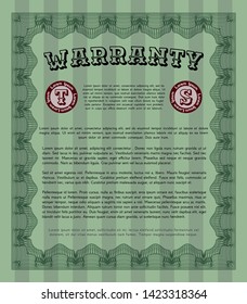 Green Vintage Warranty Certificate template. Vector illustration. With complex linear background. Perfect design. 