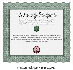 Green Vintage Warranty Certificate template. Printer friendly. Detailed. Modern design. 
