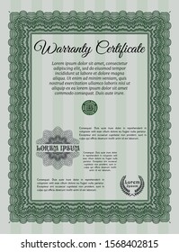 Green Vintage Warranty Certificate template. With complex background. Vector illustration. Good design. 
