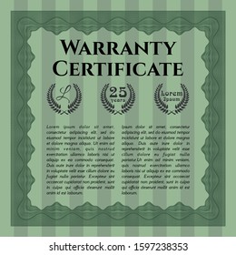 Green Vintage Warranty Certificate template. With great quality guilloche pattern. Sophisticated design. Detailed. 