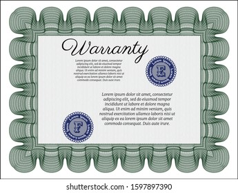 Green Vintage Warranty Certificate template. Vector illustration. With background. Money style design. 