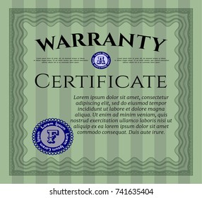 Green Vintage Warranty Certificate template. With guilloche pattern and background. Customizable, Easy to edit and change colors. Money Pattern. 
