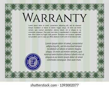 Green Vintage Warranty template. Complex background. Retro design. Detailed. 