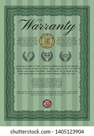 Green Vintage Warranty template. Detailed. With complex background. Retro design. 