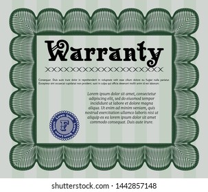 Green Vintage Warranty template. Detailed. With great quality guilloche pattern. Artistry design. 