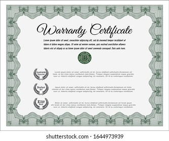 Green Vintage Warranty template. With great quality guilloche pattern. Money Pattern. Detailed. 
