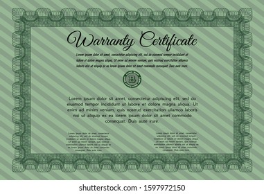 Green Vintage Warranty template. Money style design. Detailed. Complex background. 