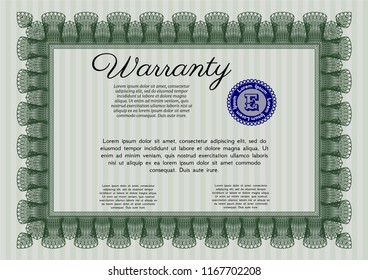 Green Vintage Warranty template. Sophisticated design. Vector illustration. Easy to print. 