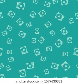 Green Vinyl player with a vinyl disk icon isolated seamless pattern on green background.  Vector Illustration